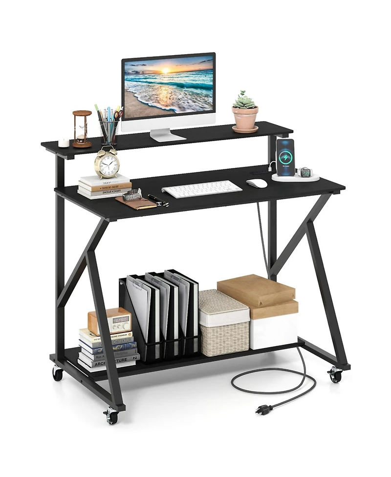Sugift Rolling Computer Desk with Charging Station and Monitor Shelf