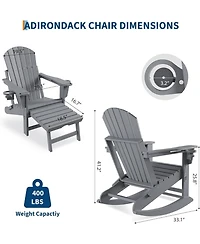 gaomon Folding Adirondack Rocking Chair with Retractable Ottoman and Cup Holders, Hdpe All-Weather Outdoor Chair for Porch
