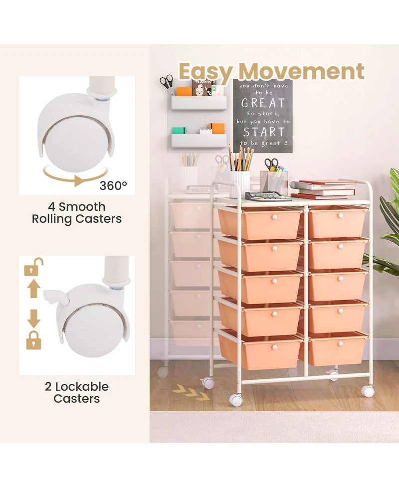 Sugift Ten Drawer Rolling Storage Cart Organizer for Home and Office
