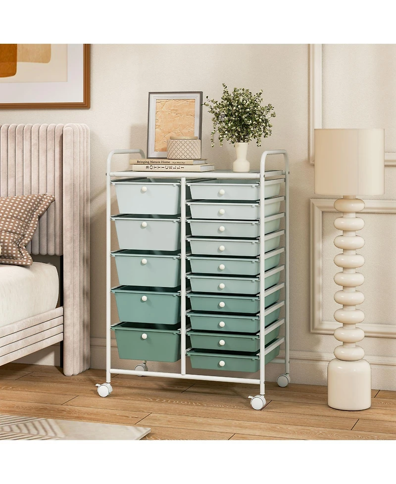Sugift Fifteen Drawer Utility Rolling Storage Cart for Multi Use