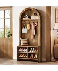 Tribesigns 70.87“ H Hall Tree with Bench and Shoe Storage, Arched Coat Rack with 4 Hooks and 4 Cubbies, Entryway Bench