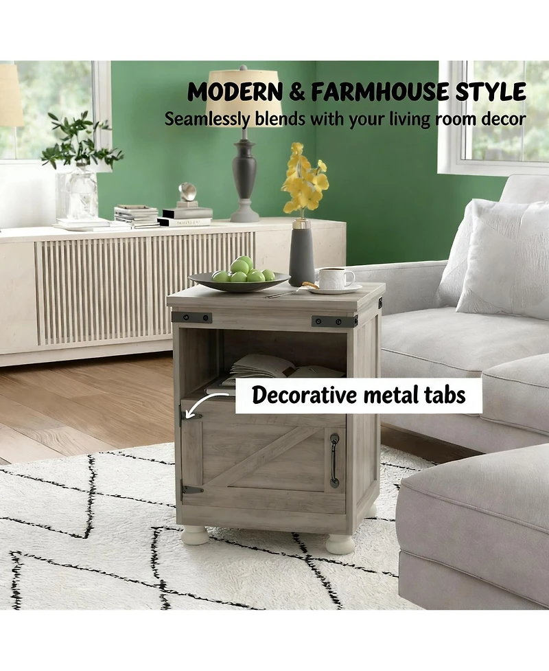 Rainsken Small Bedside Cabinet, Farmhouse Storage Nightstand with Open Shelf and Cupboard for Living Room, Bedroom,