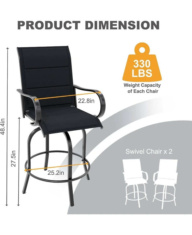 gaomon Outdoor Swivel Bar Stools Set of 2, 360degree(s) Swivel Patio Bar Height Chairs with High Back and Armrests