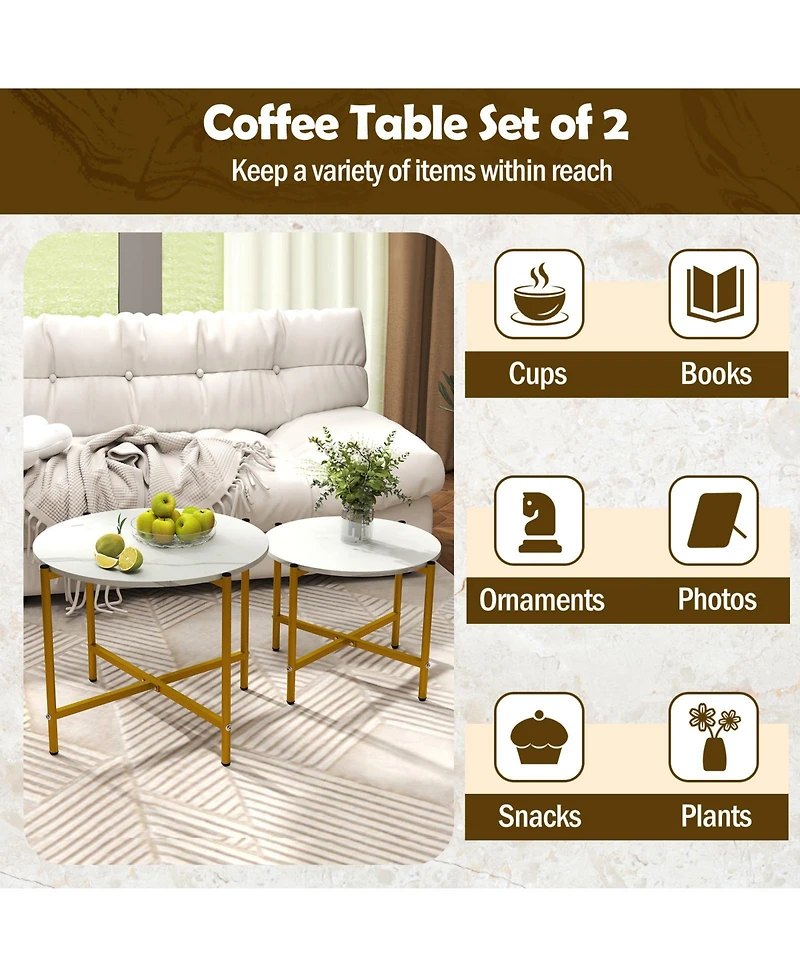 Sugift Round Coffee Table Set of Two with Metal Frame