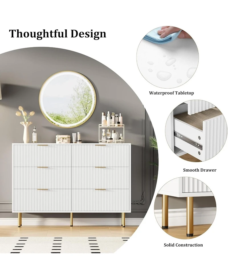 gaomon 6 Drawer Fluted Dresser 47 Inch Wide Modern Wooden Double Chest for Hallway