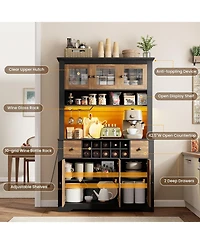 gaomon 68.7" Coffee Bar Cabinet with Led Light & Power Outlet, Farmhouse Kitchen Hutch 2 Storage Drawers, Wine Glass Rack, Adjustable Shelve