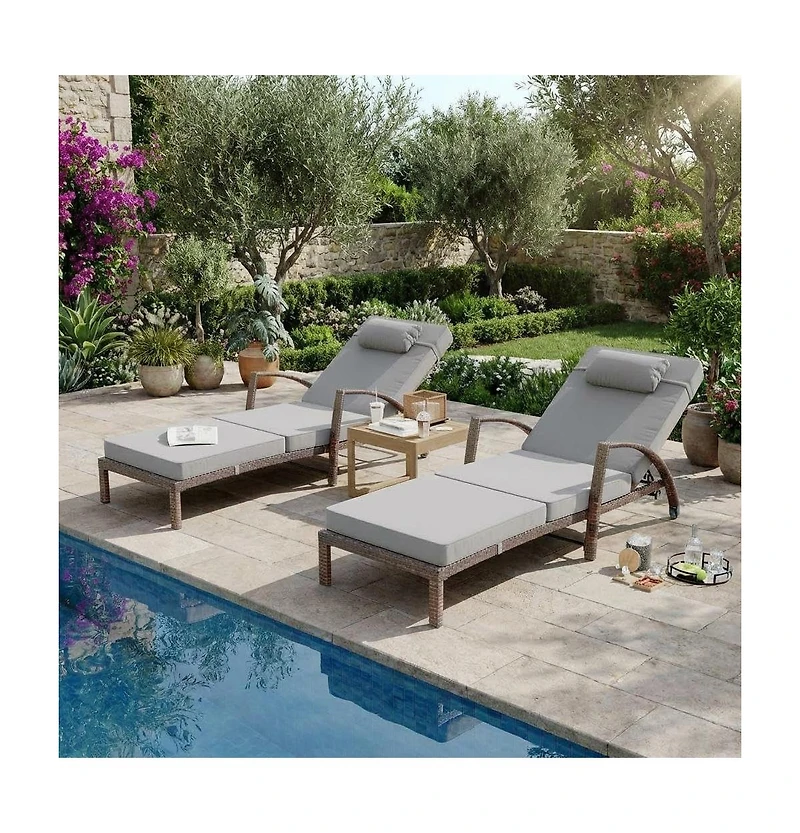 gaomon Set of 2 Outdoor Wicker Chaise Lounge Chairs with Cushions, Wheels, 5-Position Adjustable, Patio Poolside or Beach Use