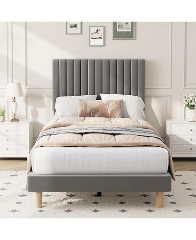 gaomon Twin Bed Frame with Adjustable Headboard, Velvet Upholstered Platform Bed Frame Twin Size, Vertical Channel Tufted