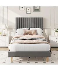 gaomon Twin Bed Frame with Adjustable Headboard, Velvet Upholstered Platform Bed Frame Twin Size, Vertical Channel Tufted