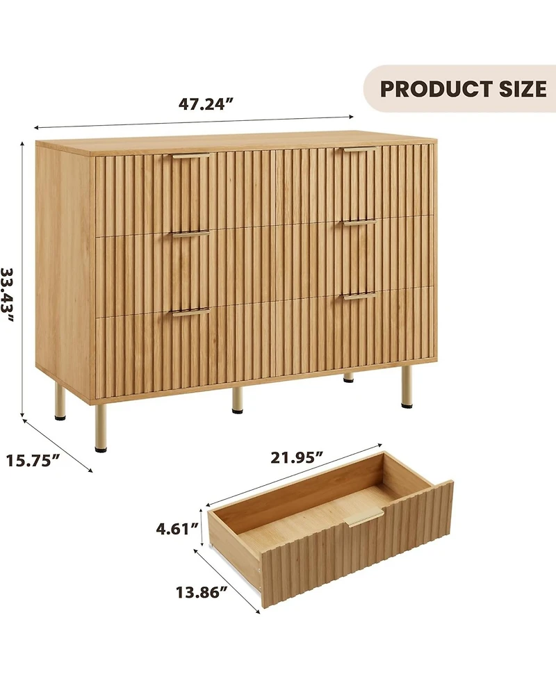 gaomon Fluted 6-Drawer Dresser, Modern Wooden Chest with Gold Legs, Large Storage Organizer for Bedroom, Living Room, Kids Room