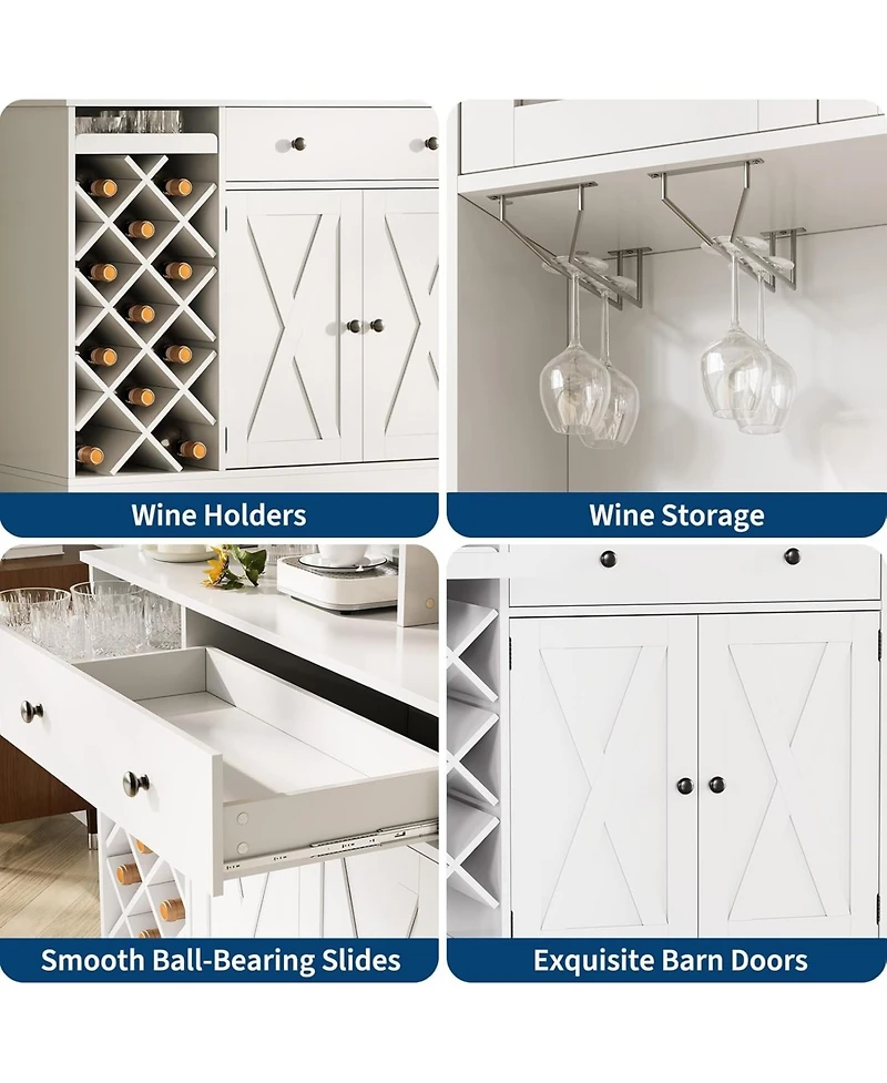 gaomon Coffee Bar Cabinet with Power Outlet & Exquisite Barn Doors, Sideboard Buffet Cabinet with Wine Bottle Rack, Storage Cabinet for Kitchen
