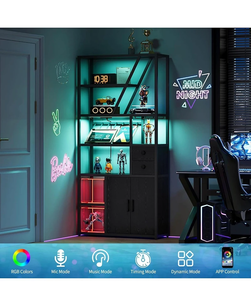 gaomon Wine Bar Cabinet with Led Lights and Power Outlets – Tall Coffee Bar Station with Wine Rack, Kitchen Microwave Stand and Bakers Rack