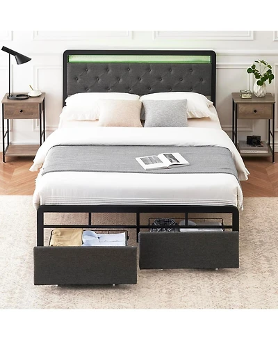 gaomon Bed Frame with Led Lights,Metal Platform Bed Frame with Button Tufted Headboard,Upholstered Bed Frame with 2 Storage Drawers,Heavy Metal