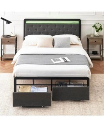 Gaomon Bed Frame With Led Lightsmetal Platform Bed Frame With Button Tufted Headboardupholstered Bed Frame With 2 Storage Drawersheavy Metal