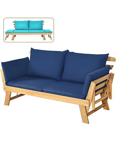 Gymax Adjustable Patio Sofa Daybed Acacia Wood Furniture w/ Cushion