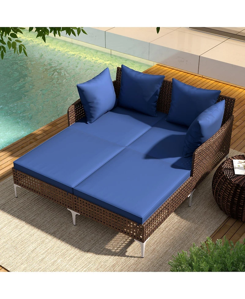 Sugift Outdoor Rattan Double Daybed Wicker Chaise Lounge