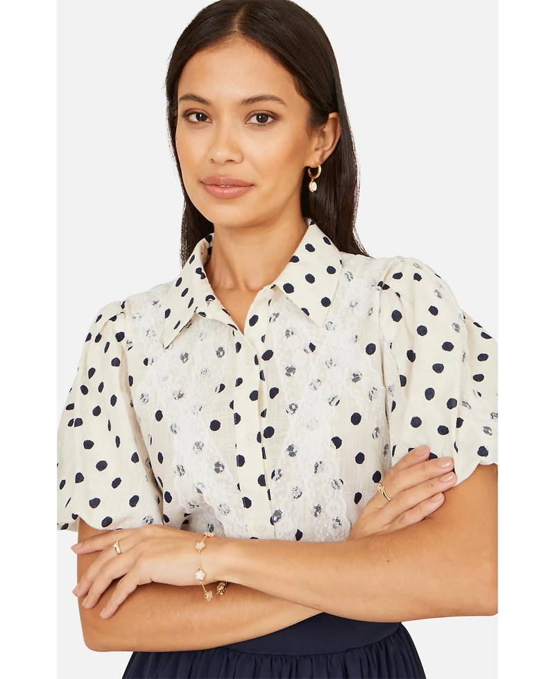 Yumi Women's Polka Dot Lace Boxy Shirt