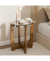 Sugift 24 Inches Round Side Table with Tempered Glass Top and Solid Rubber Wood Base-Walnut