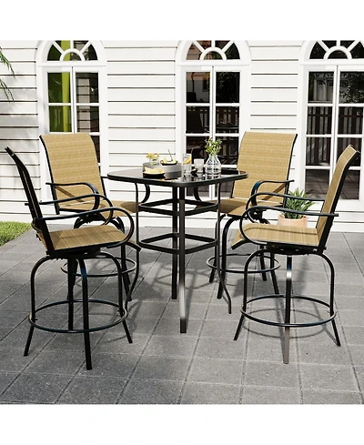 gaomon 5PCS Outdoor Swivel Bar Set with 4 Swivel Chairs and Glass Top Table, All Weather Textile Fabric Outdoor High Top Bar Set for Home, Backyard