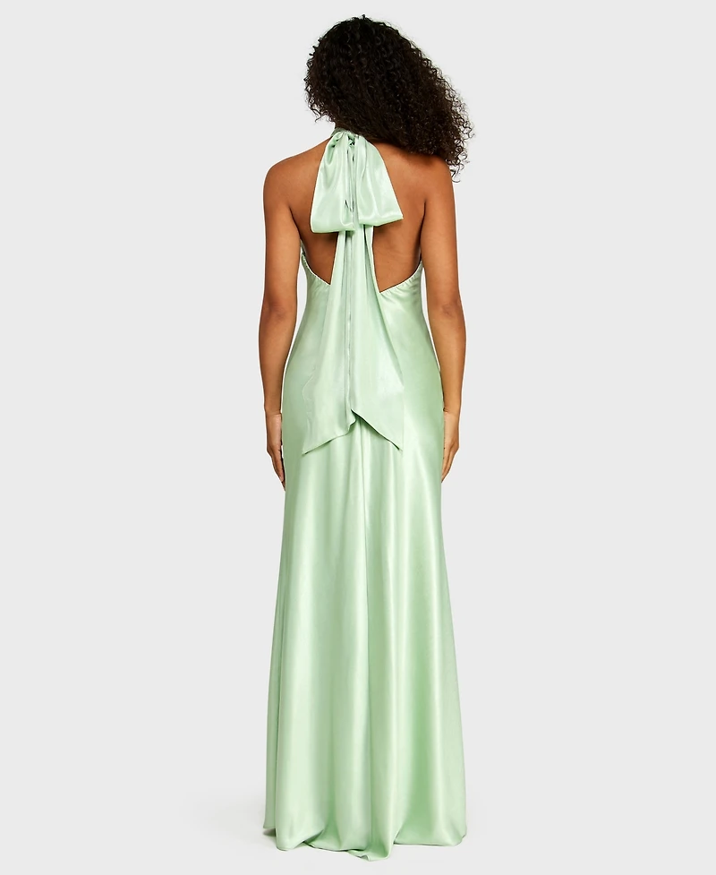 Alex & Sophia Juniors' Halter Back Neck Drape Tie Gown