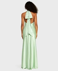 Alex & Sophia Juniors' Halter Back Neck Drape Tie Gown