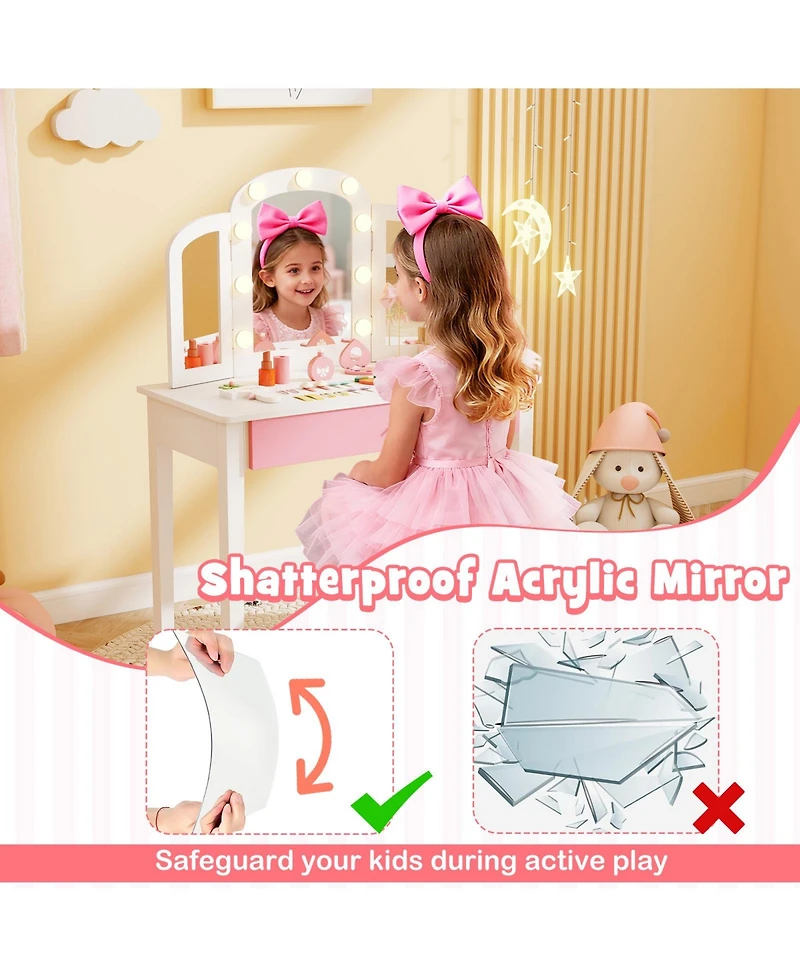Sugift 2-in-1 Kids Vanity Table Set with Tri-Folding Detachable Mirror and Lights