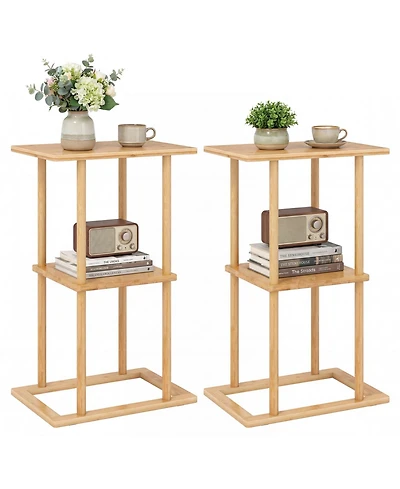 Sugift 2 Pieces Side Table with Storage Shelves and Bamboo Construction