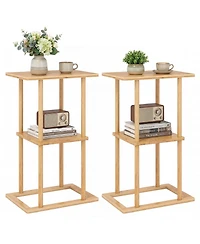 Sugift 2 Pieces Side Table with Storage Shelves and Bamboo Construction