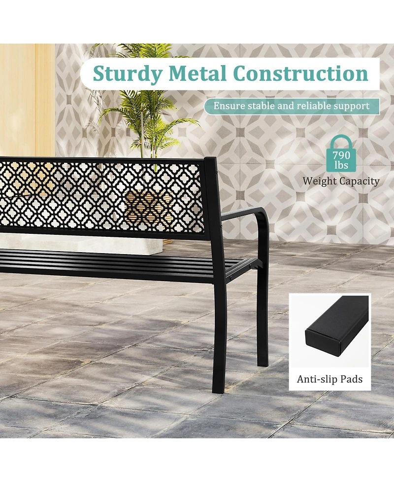 Sugift 50 Inches Outdoor Garden Bench with Geometric Lattice Backrest and Slatted Seat