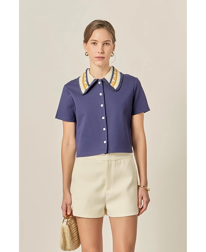 English Factory Women's Knitted Collar Button Up Top