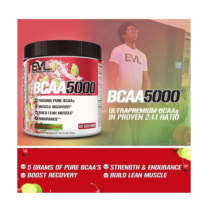 Evl Bcaas Amino Acids Powder | BCAA Powder Post Workout Recovery Drink and Stim Free Pre Workout Energy Drink Powder | for Men | Cherry Limeade