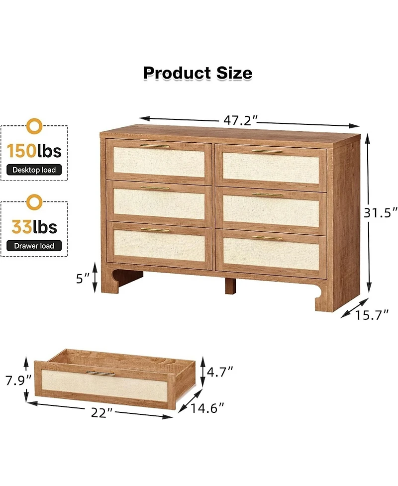 gaomon 6 Drawer Burlap Dresser Mid Century Modern Wooden Storage Chest Wide Boho Dresser for Bedroom Living Room