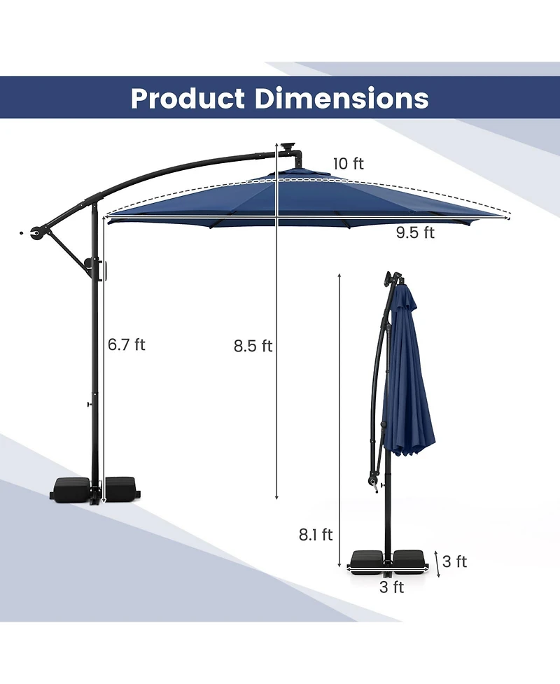 Sugift 10 ft Solar Offset Hanging Umbrella with Base and Led Lights