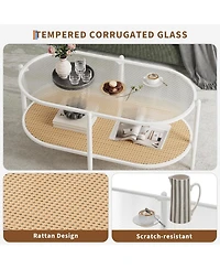 gaomon Boho Oval 2-Tier Rattan Coffee Table with Water-Wave Tempered Glass Top
