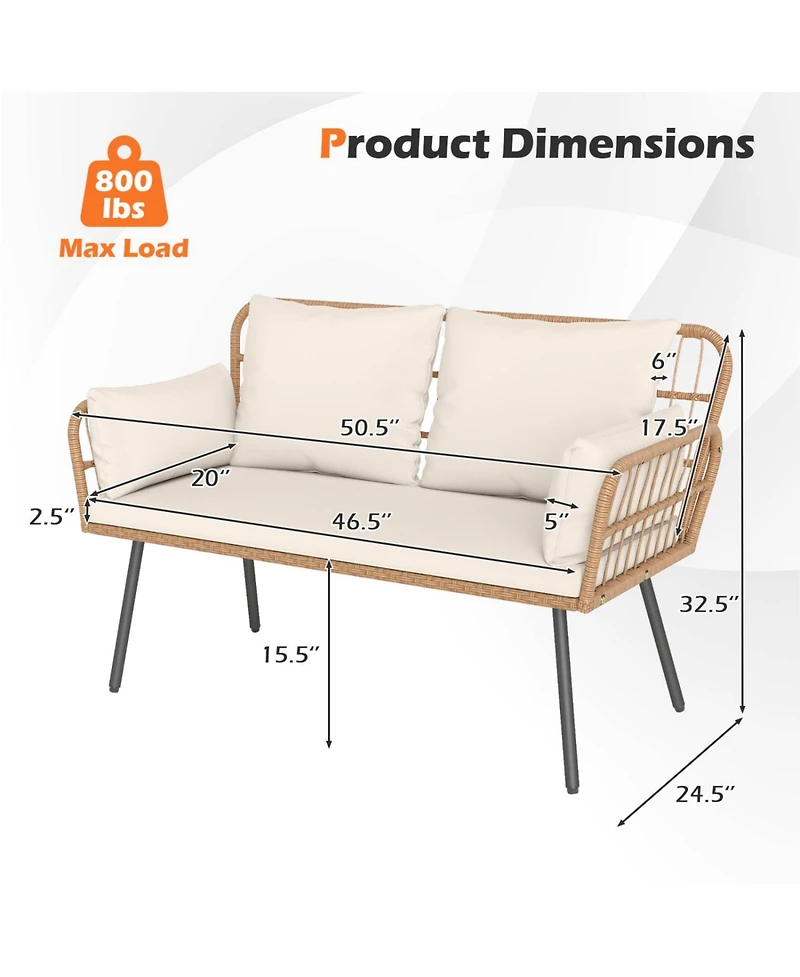 Sugift Outdoor Rattan Two Seat Chair with Cushions and Metal Legs