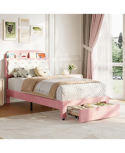 gaomon Twin Bed Frames, Velvet Upholstered Platform Bed with Biscuit Tufted Storage Headboard, Drawer, Sturdy Wood Slats, No Box Spring Needed, Easy