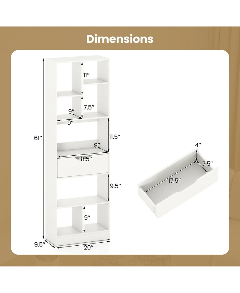 Slickblue 61 Inch Bookcase with Drawer and 8 Storage Compartments