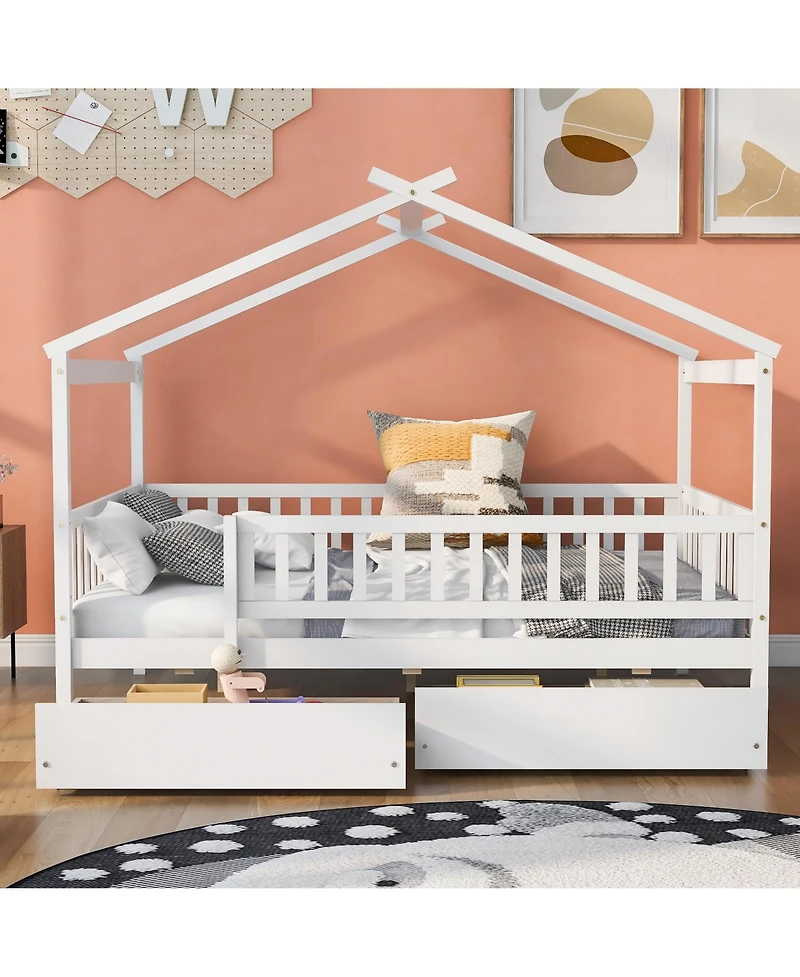 flynama Full Size Wooden House Bed Two Drawers