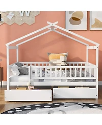 flynama Full Size Wooden House Bed Two Drawers