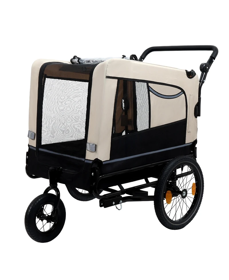 Aostirmotor Extra Large 2-in-1 Bike Trailer and Push Cart for Pets with Detachable Hitch, Beige
