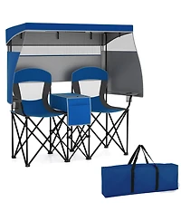 Sugift Double Beach Chair with Adjustable Canopy and Side Curtains