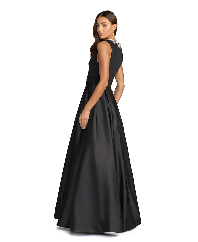 Mac Duggal Women's Pearl-Embellished High-Neck Sleeveless A-Line Evening Gown