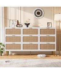 gaomon Rattan 9 Drawer Dressers for Bedroom, Tall Dresser with Deep Drawers, Large Chest of Drawers for Closet with Wide Top