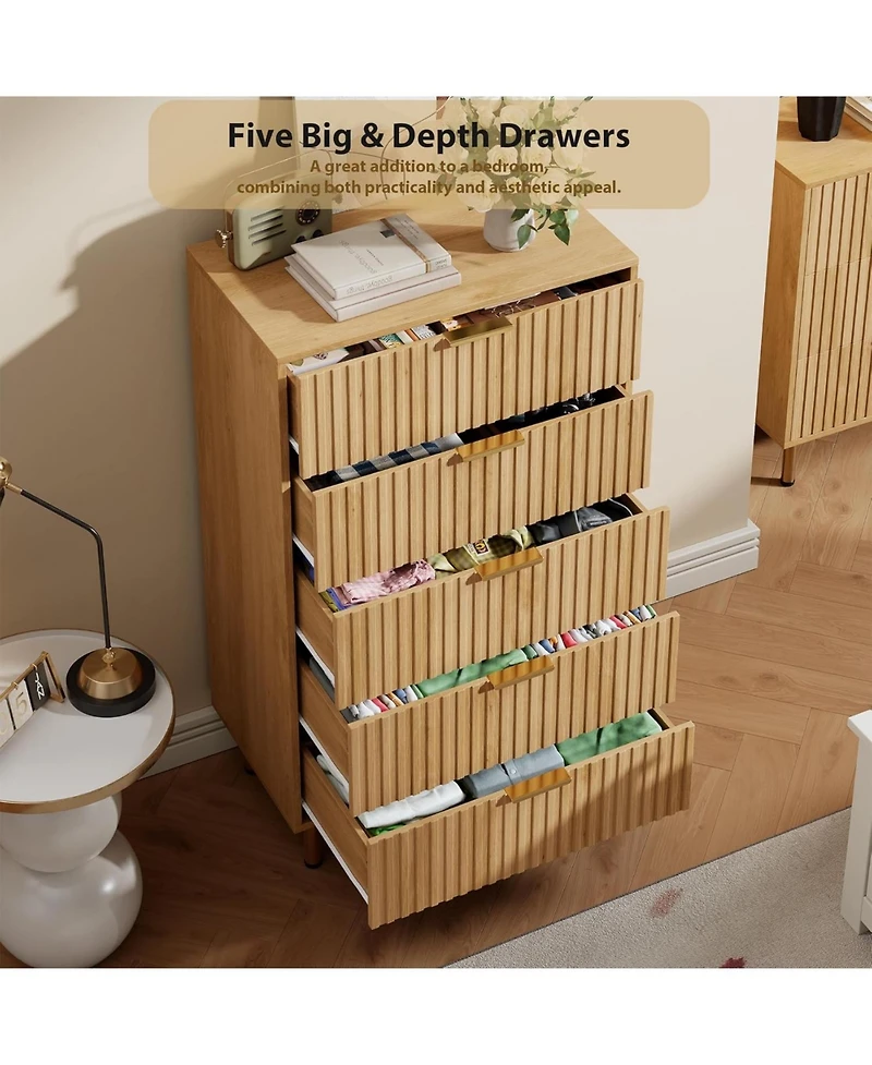 gaomon 5 Drawer Dresser Tall Fluted Wooden Organizer with Deep Drawers