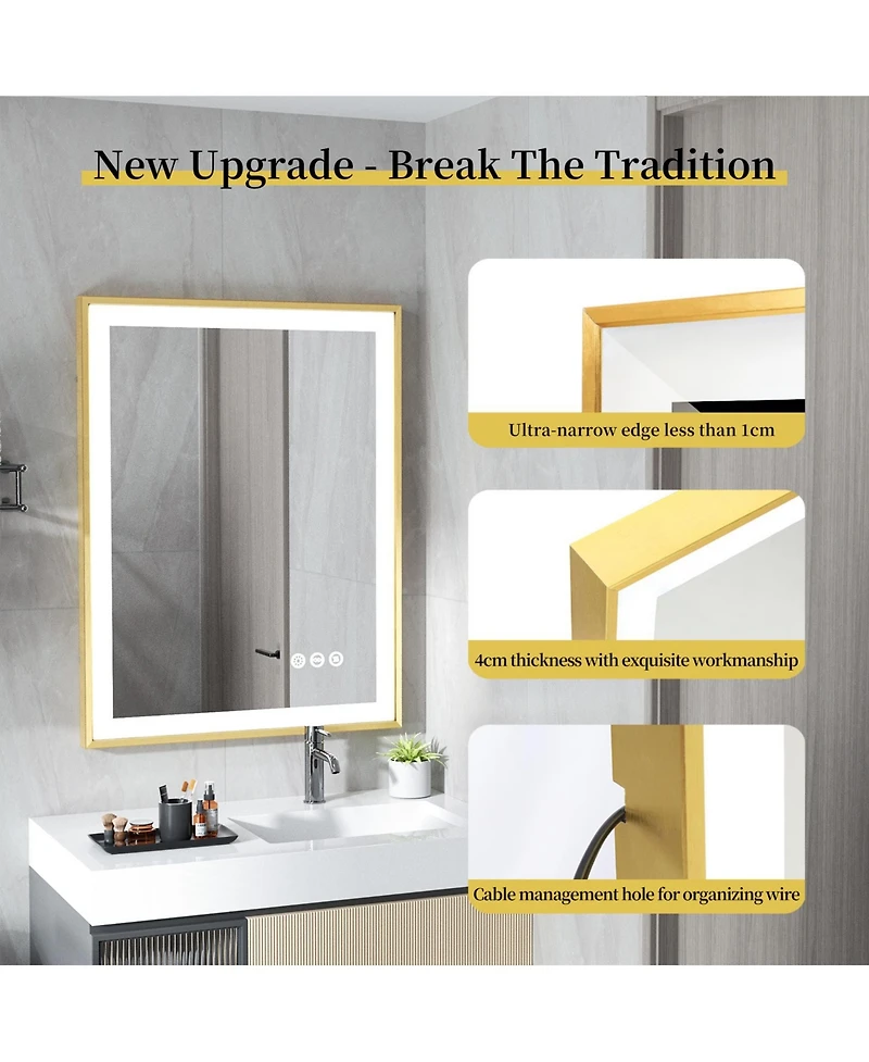 Luvodi Led Bathroom Mirror with Gold Frame 3 Color Temperature Anti-Fog