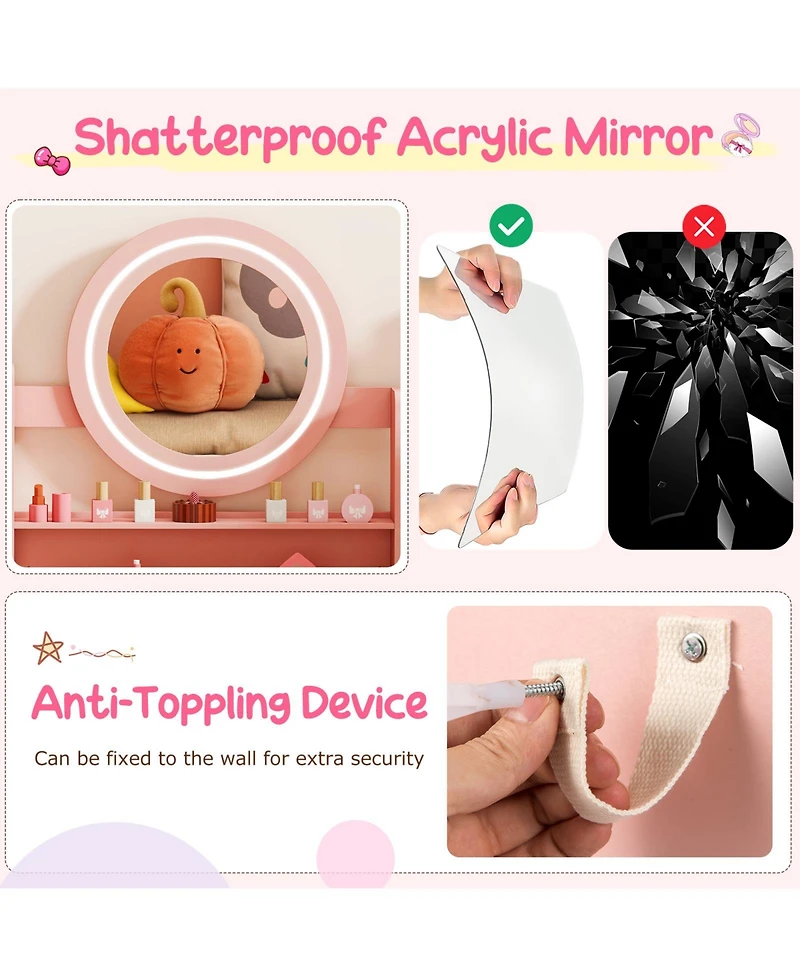 Sugift Kids Vanity Desk with Mirror and Lights Princess Pretend Play Dressing Table and Chair Set