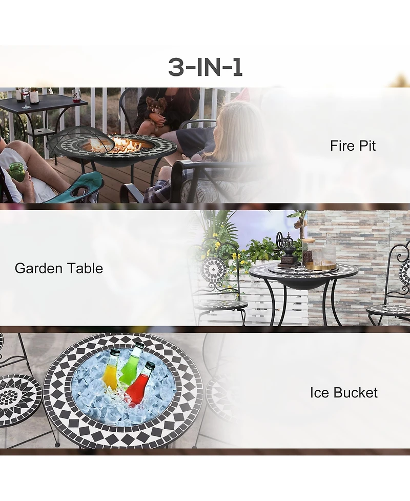 Outsunny 30" Outdoor Fire Pit & Ice Bucket & Side Table, Round Tile Tabletop, Steel Wood Burning Bowl, Spark Screen Lid for Patio, Backyard, Patio, Ga