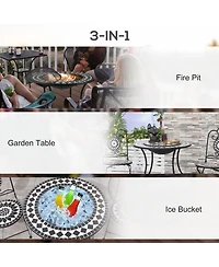 Outsunny 30" Outdoor Fire Pit & Ice Bucket & Side Table, Round Tile Tabletop, Steel Wood Burning Bowl, Spark Screen Lid for Patio, Backyard, Patio, Ga