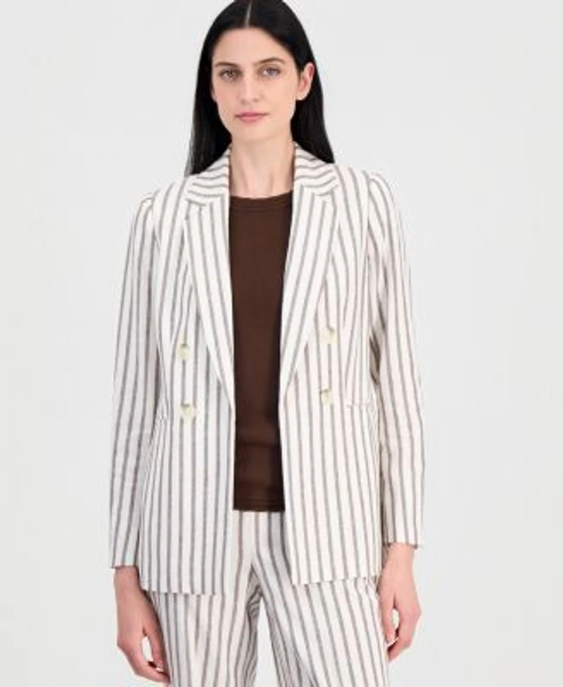 Anne Klein Womens Linen Blend Striped Blazer Scallop Trim Sleeveless Top Striped Pull On Pants