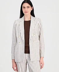 Anne Klein Womens Linen Blend Striped Blazer Scallop Trim Sleeveless Top Striped Pull On Pants